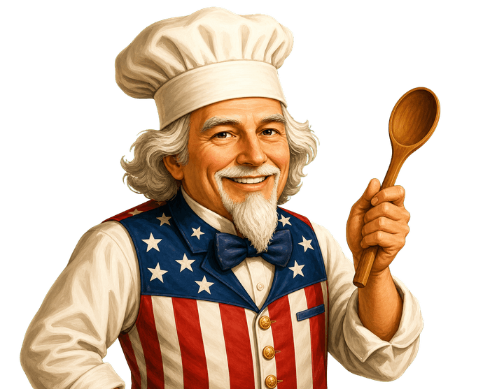America's Melting Pot cooking companion mascot holding a wooden spoon